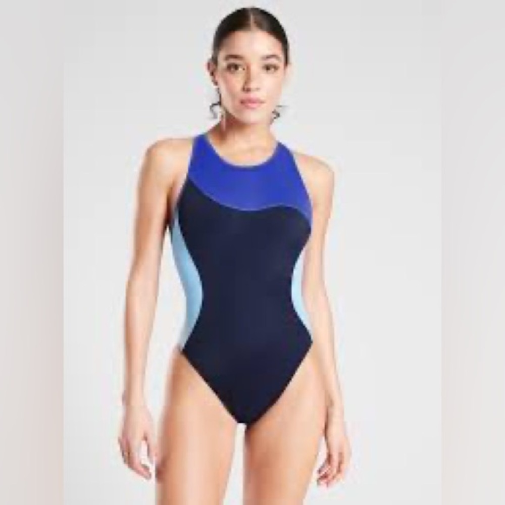 Athleta Freestyle Navy Blue Colorblock One Piece Swimsuit 32/6
